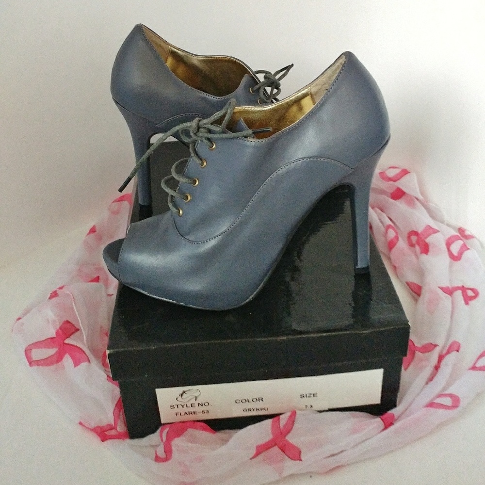 Women's Gray Peep Toe Lace Up Ankle Booties Heels